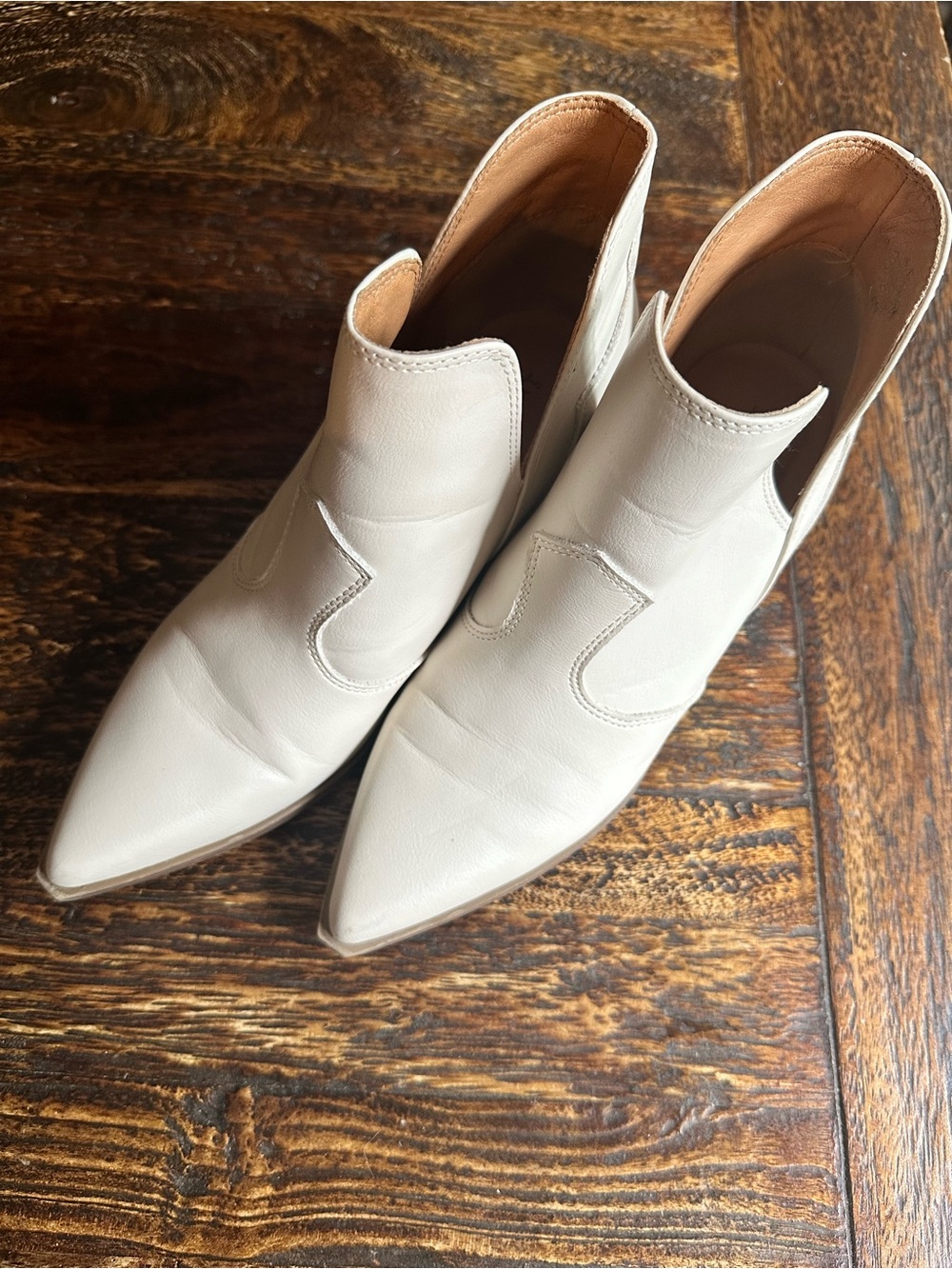 Indigo Cream Pointed-Toe Leather Ankle Booties